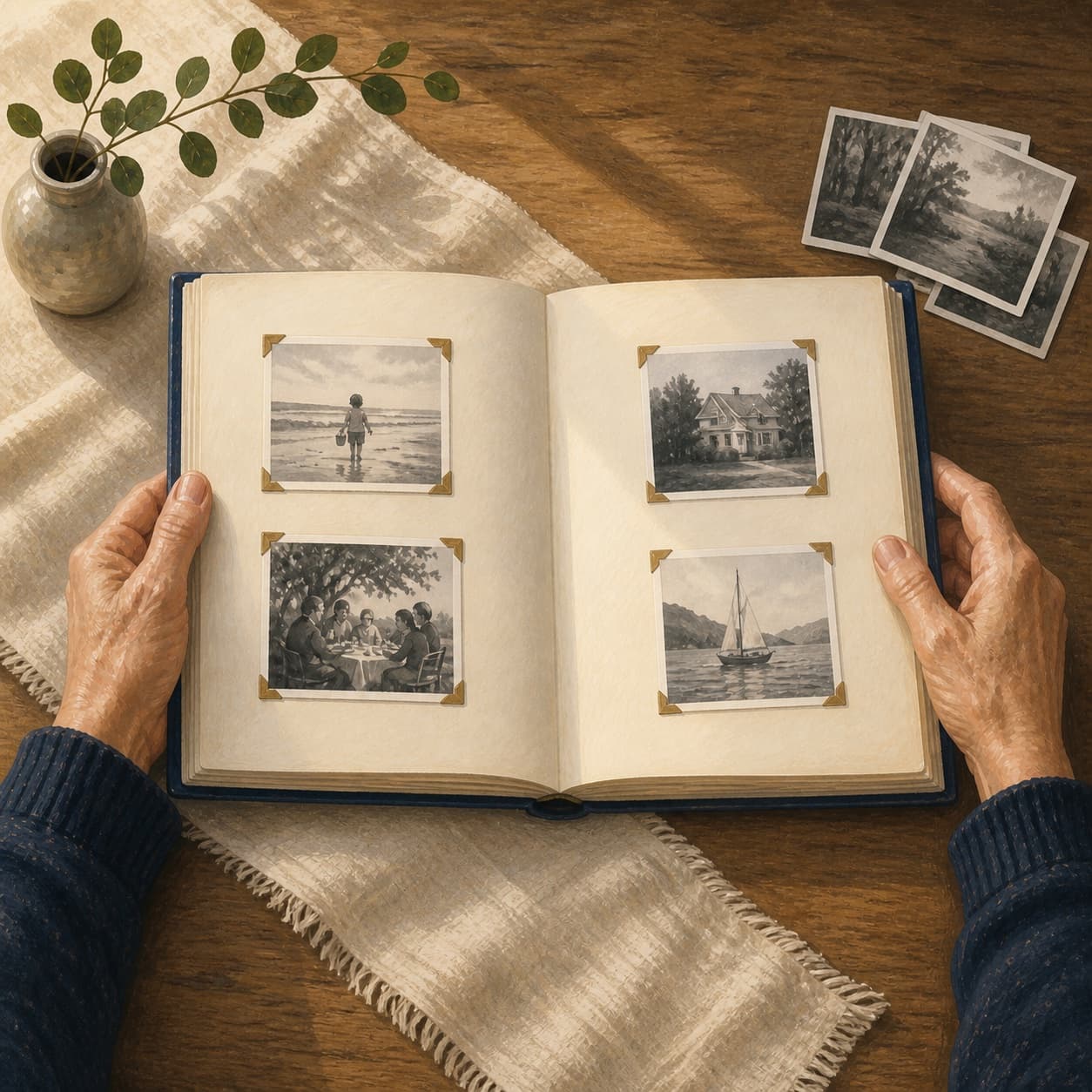 Symbolic open family album surrounded by keepsakes