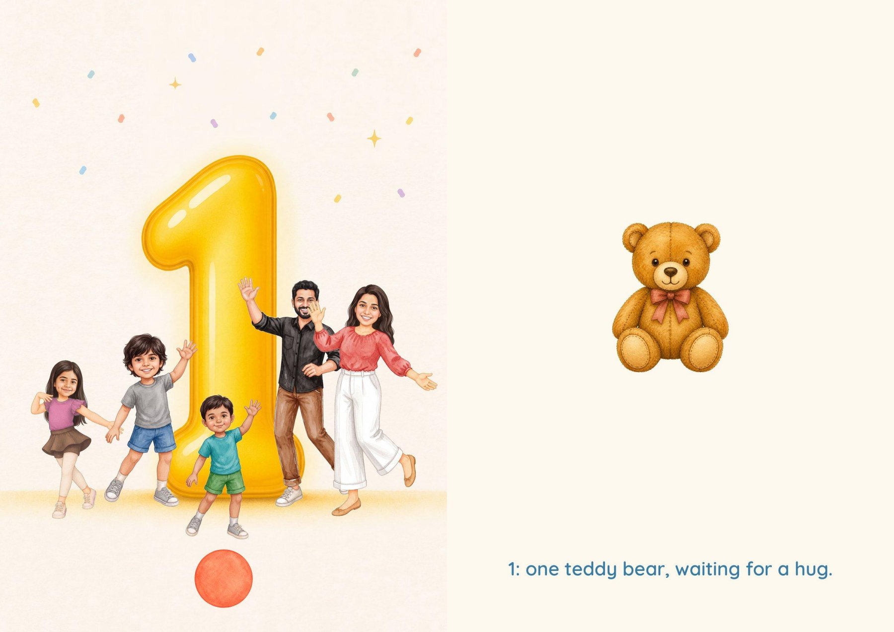 Number 1: the whole family around a giant balloon 1, facing one teddy bear waiting for a hug