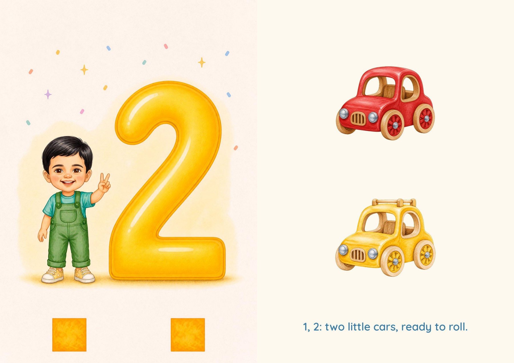 Number 2: the star holds up two fingers, facing two little cars ready to roll