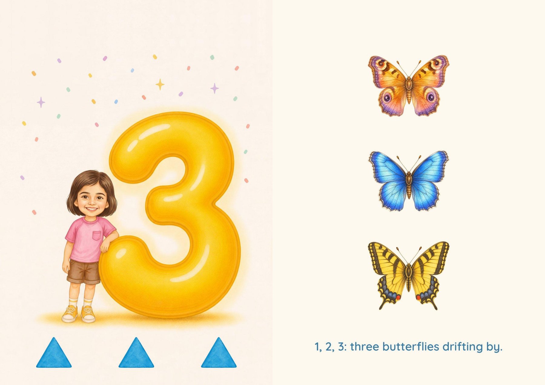 Number 3: a family member with the balloon 3, facing three butterflies drifting by