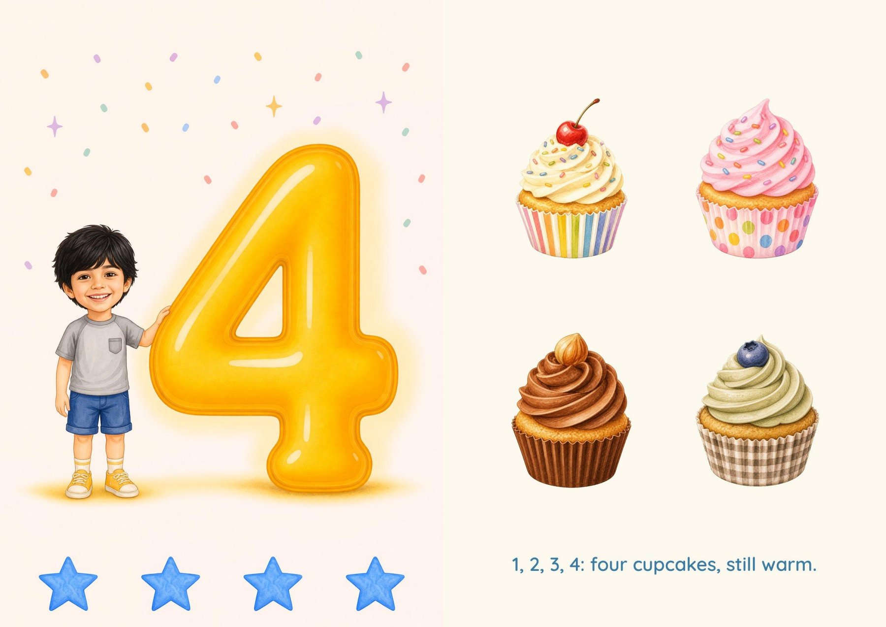 Number 4: a family member with the balloon 4, facing four cupcakes still warm