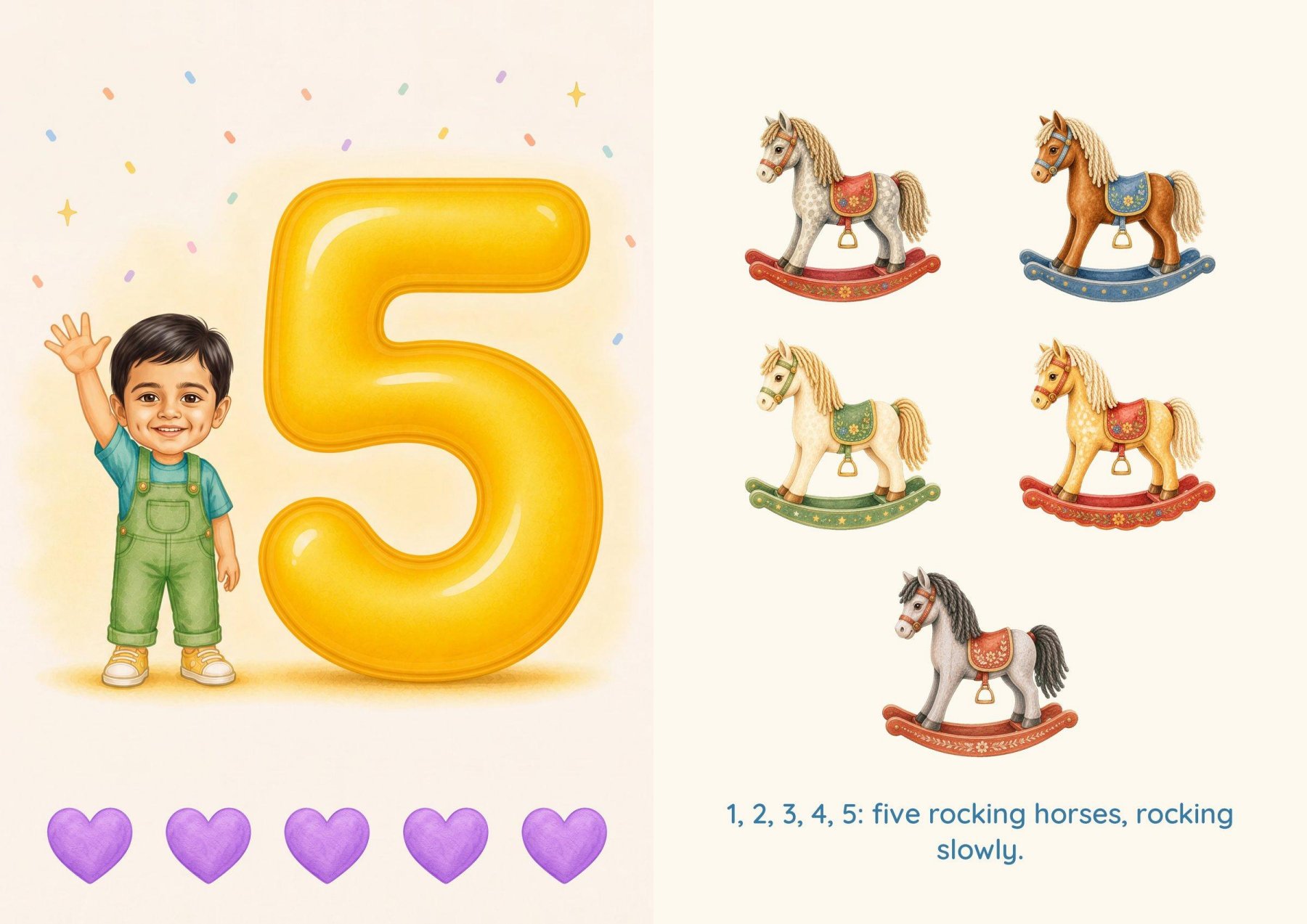 Number 5: the star waves five fingers, facing five rocking horses