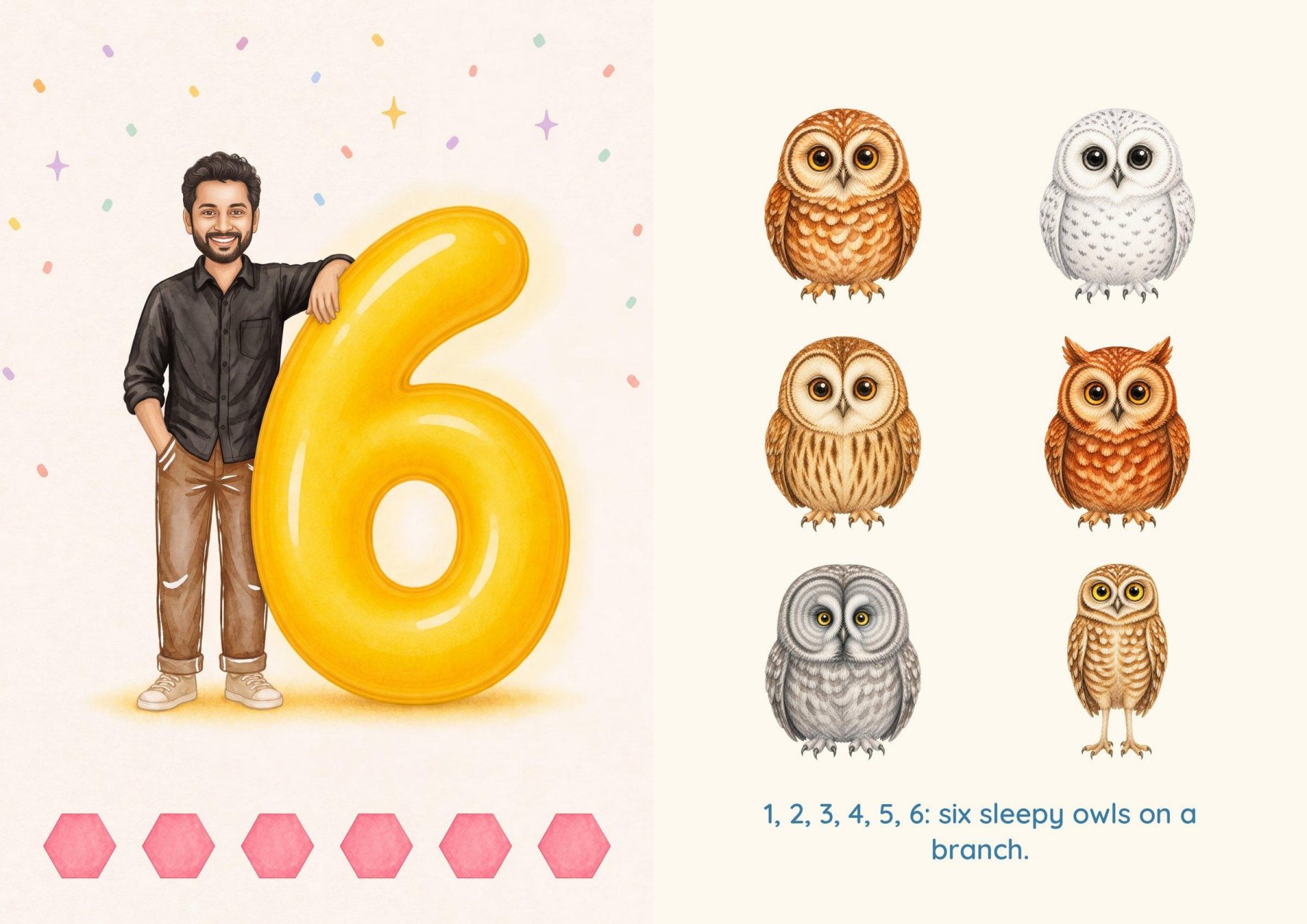 Number 6: a family member with the balloon 6, facing six sleepy owls