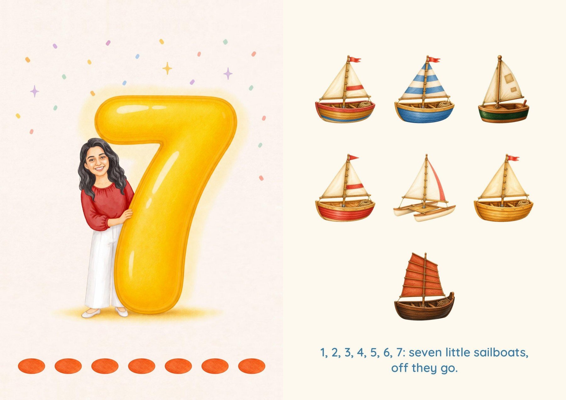 Number 7: a family member with the balloon 7, facing seven little sailboats