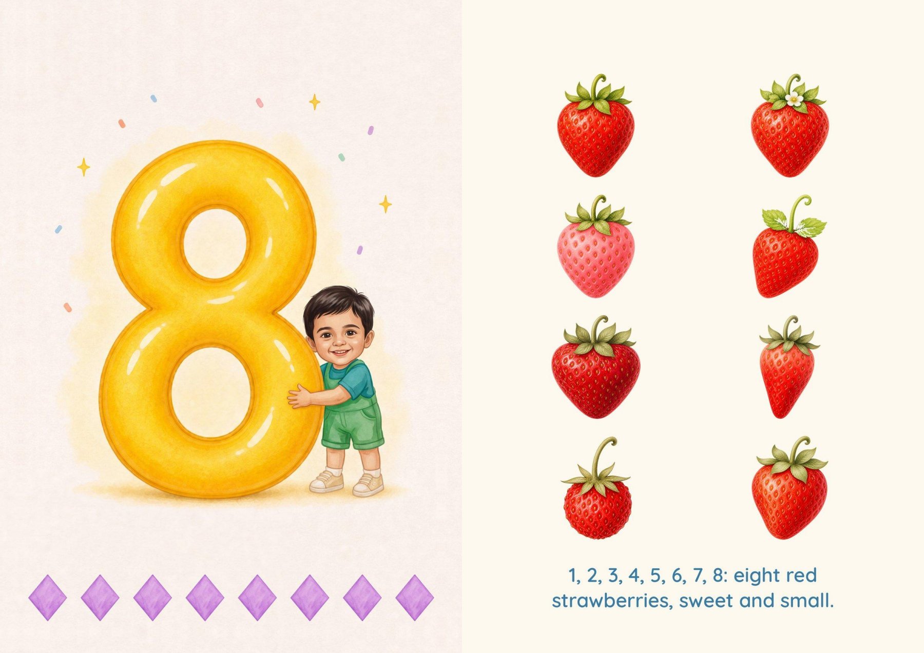 Number 8: the star peeks around the balloon 8, facing eight red strawberries