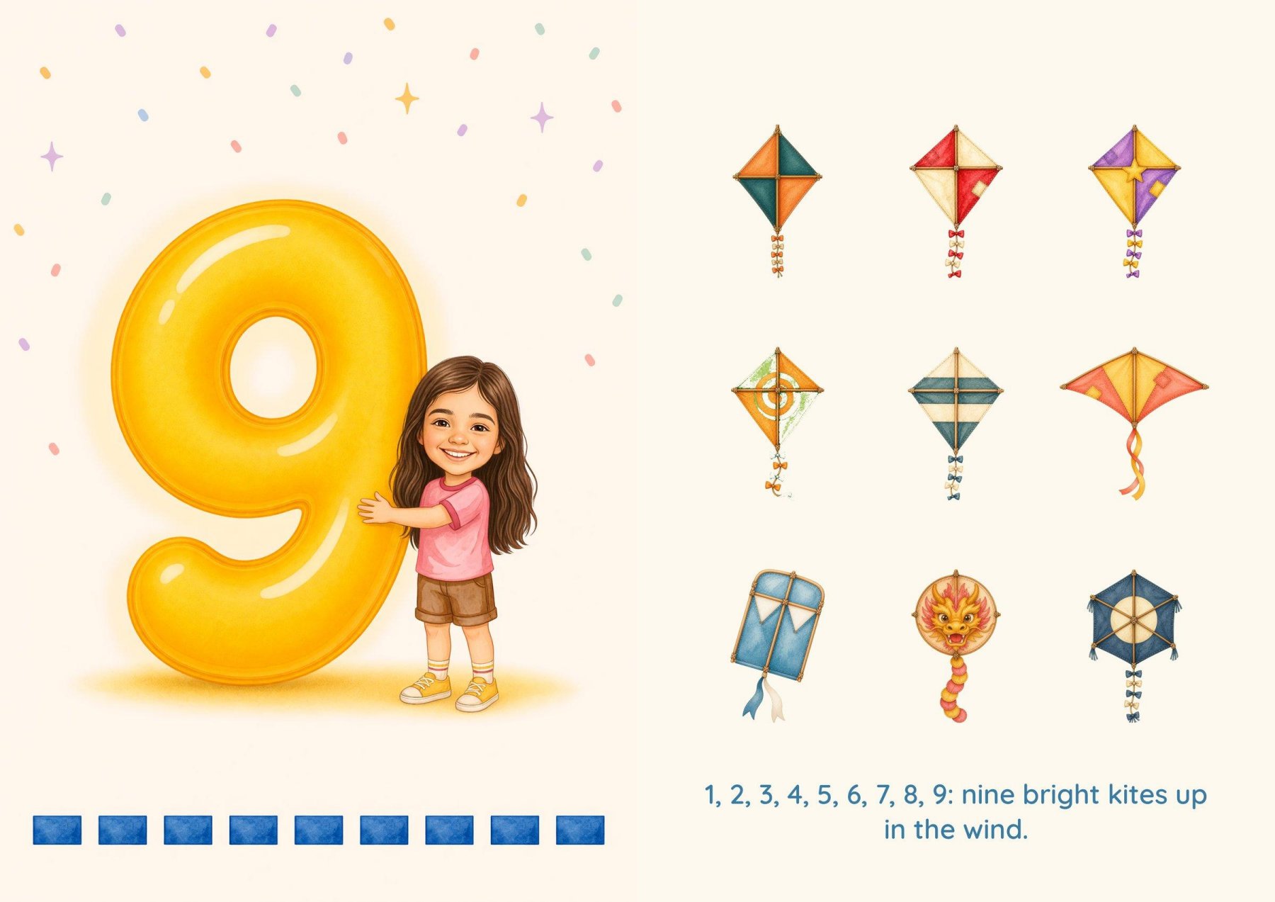 Number 9: a family member with the balloon 9, facing nine bright kites in the wind