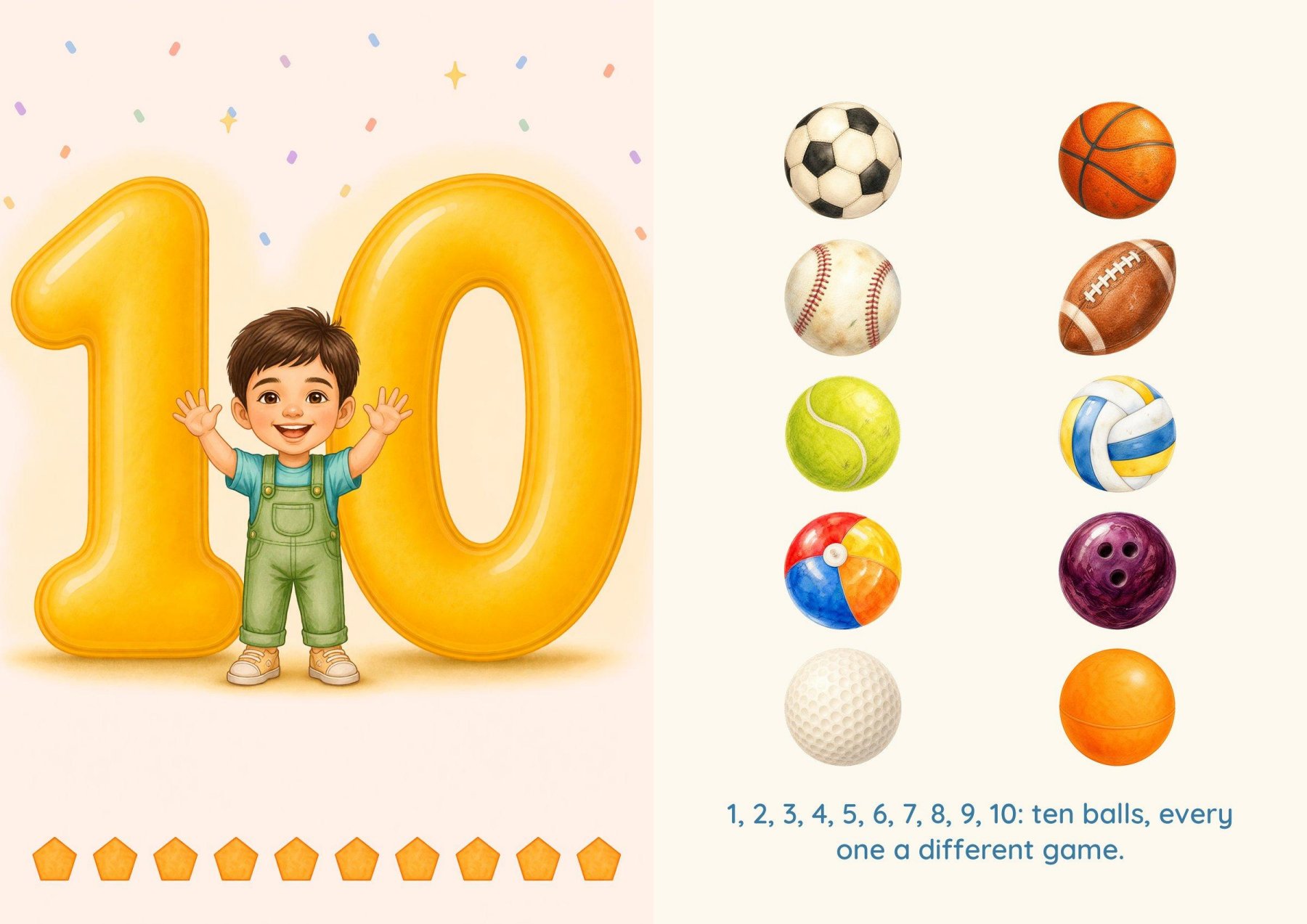 Number 10: the star holds up all ten fingers, facing ten balls, every one a different game