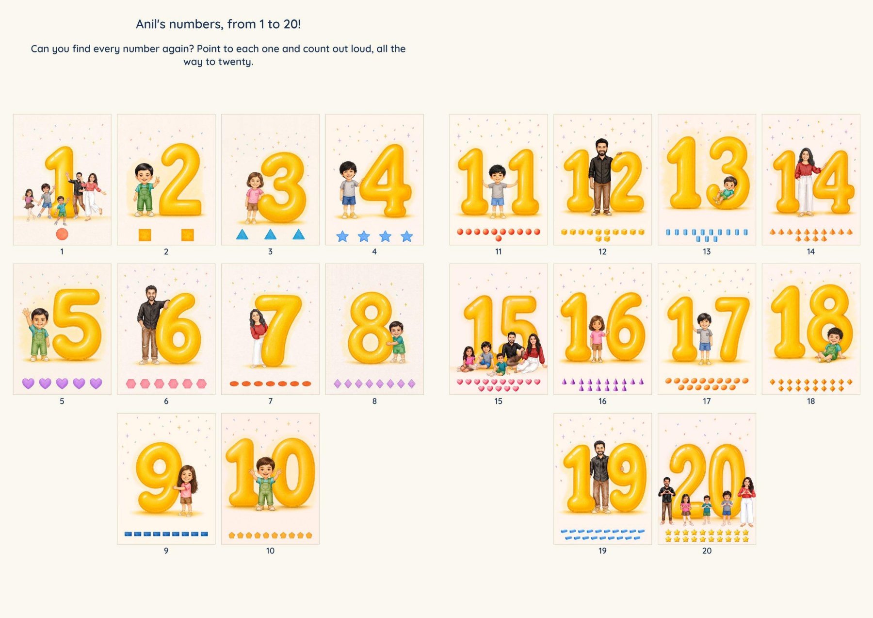 The full 1-to-20 recap: all twenty numbers, each starring a family member