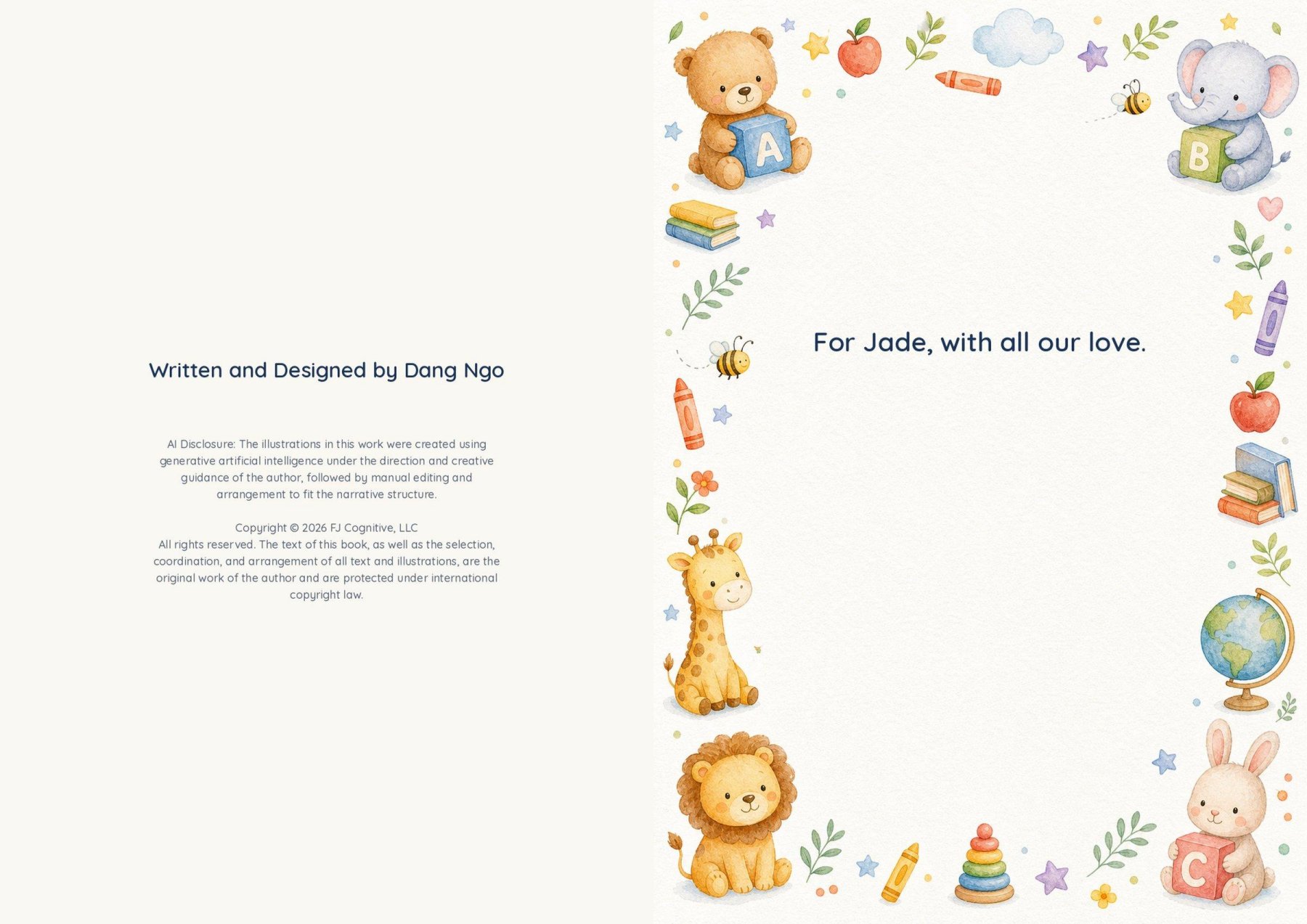 The title and credits page, facing the personalized dedication
