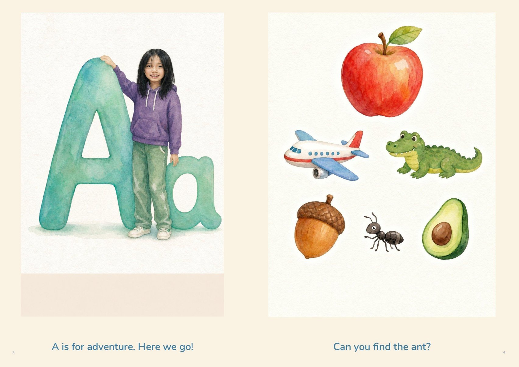 A is for adventure — the letter A with your child, facing apple, aeroplane, alligator, acorn, ant and avocado