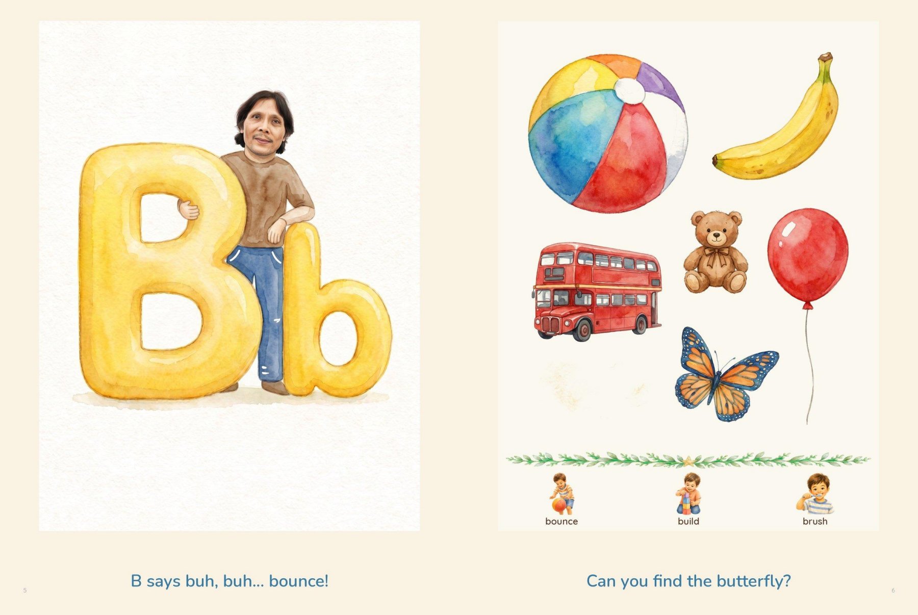 B says buh — the letter B with a family member, facing ball, banana, bus, bear and balloon