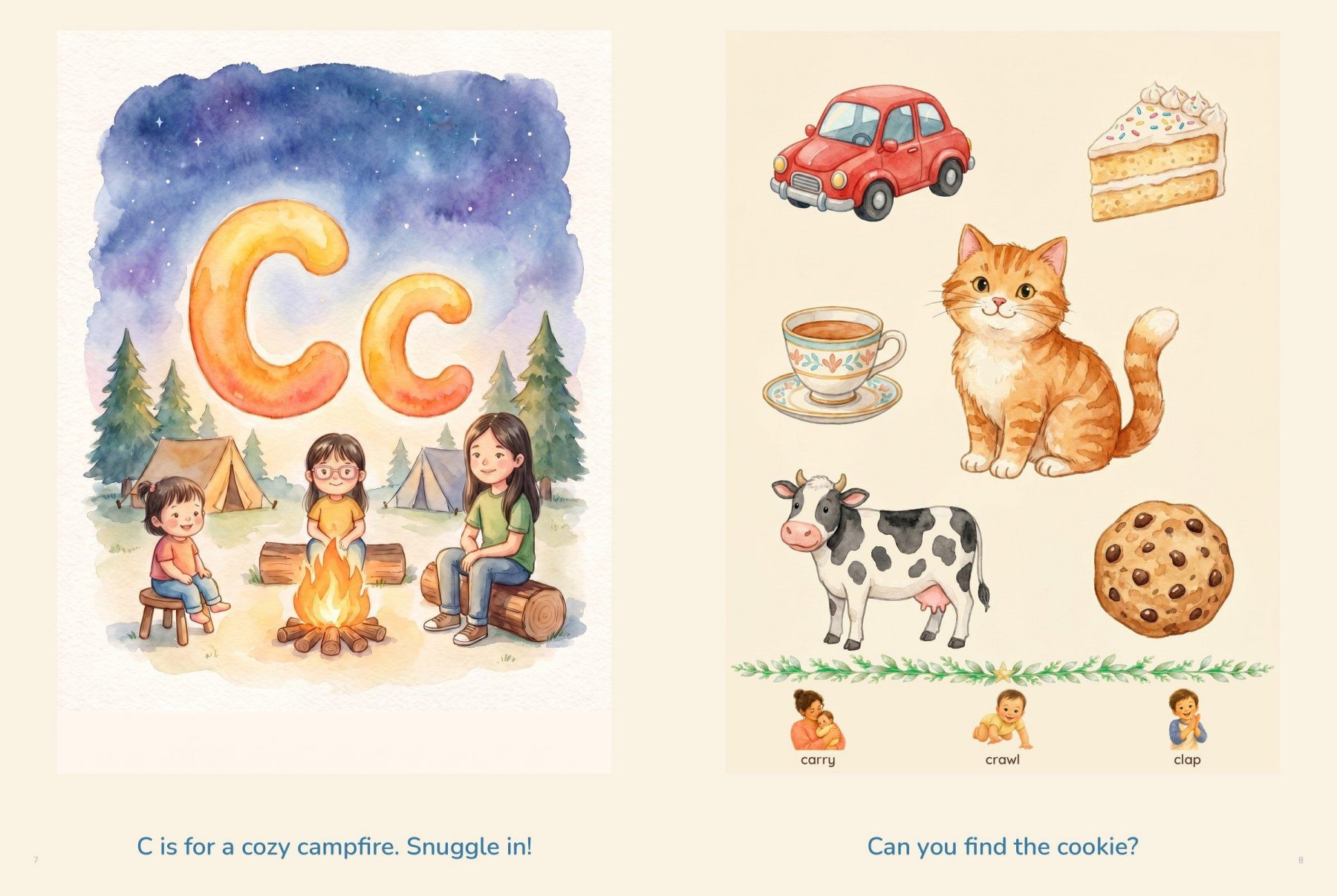 C is for a cozy campfire — the family around the fire, facing cat, cow, cake and cookie
