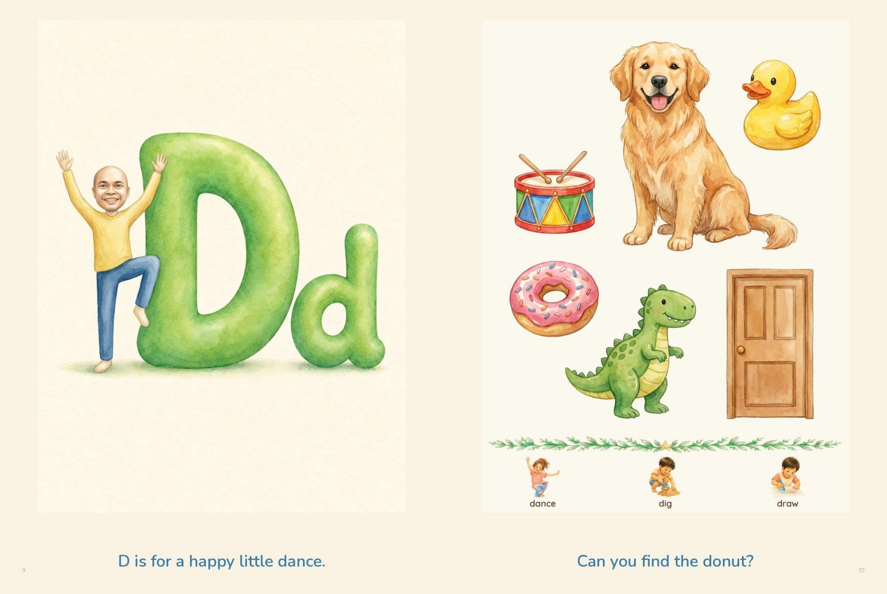 D is for a happy little dance, facing dog, duck, drum, dinosaur, donut and door