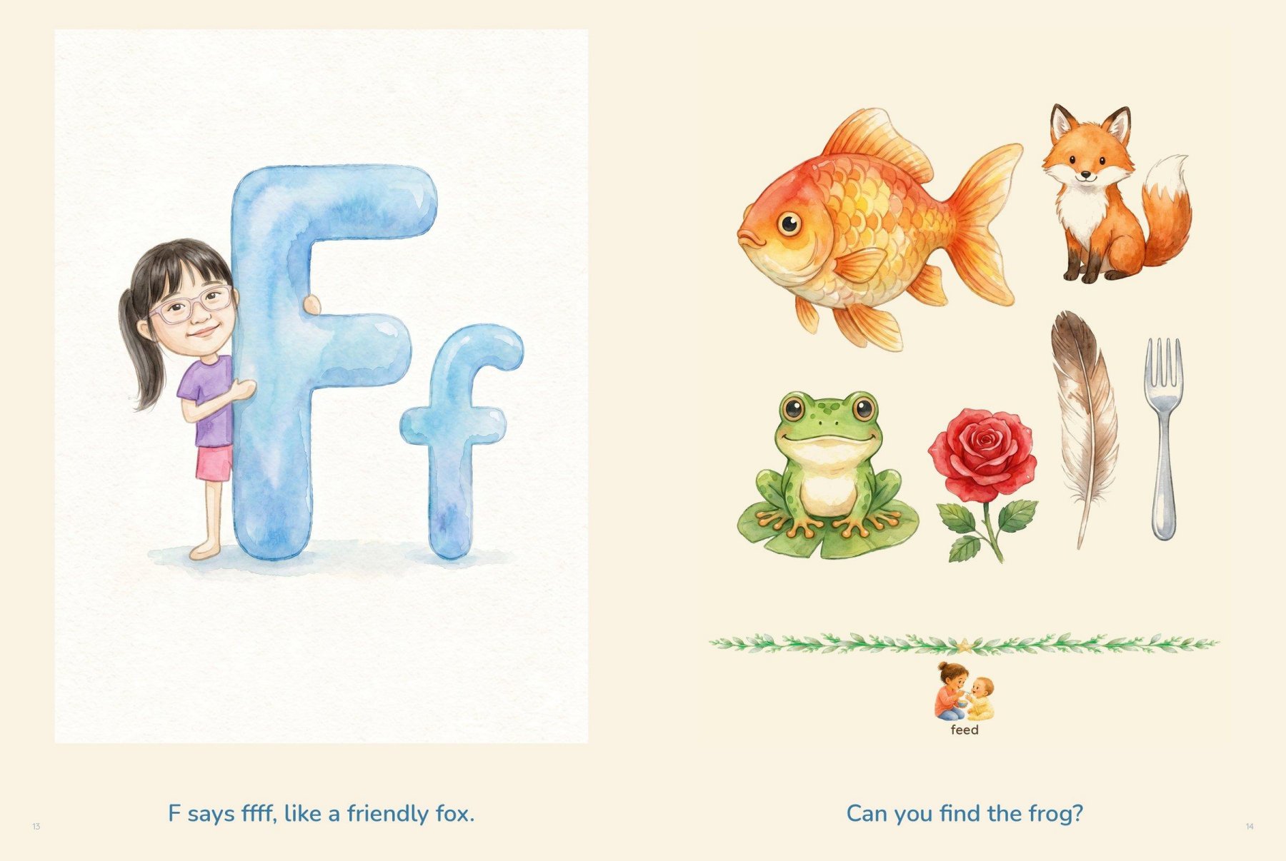 F says ffff, like a friendly fox, facing fish, fox, frog, flower and fork