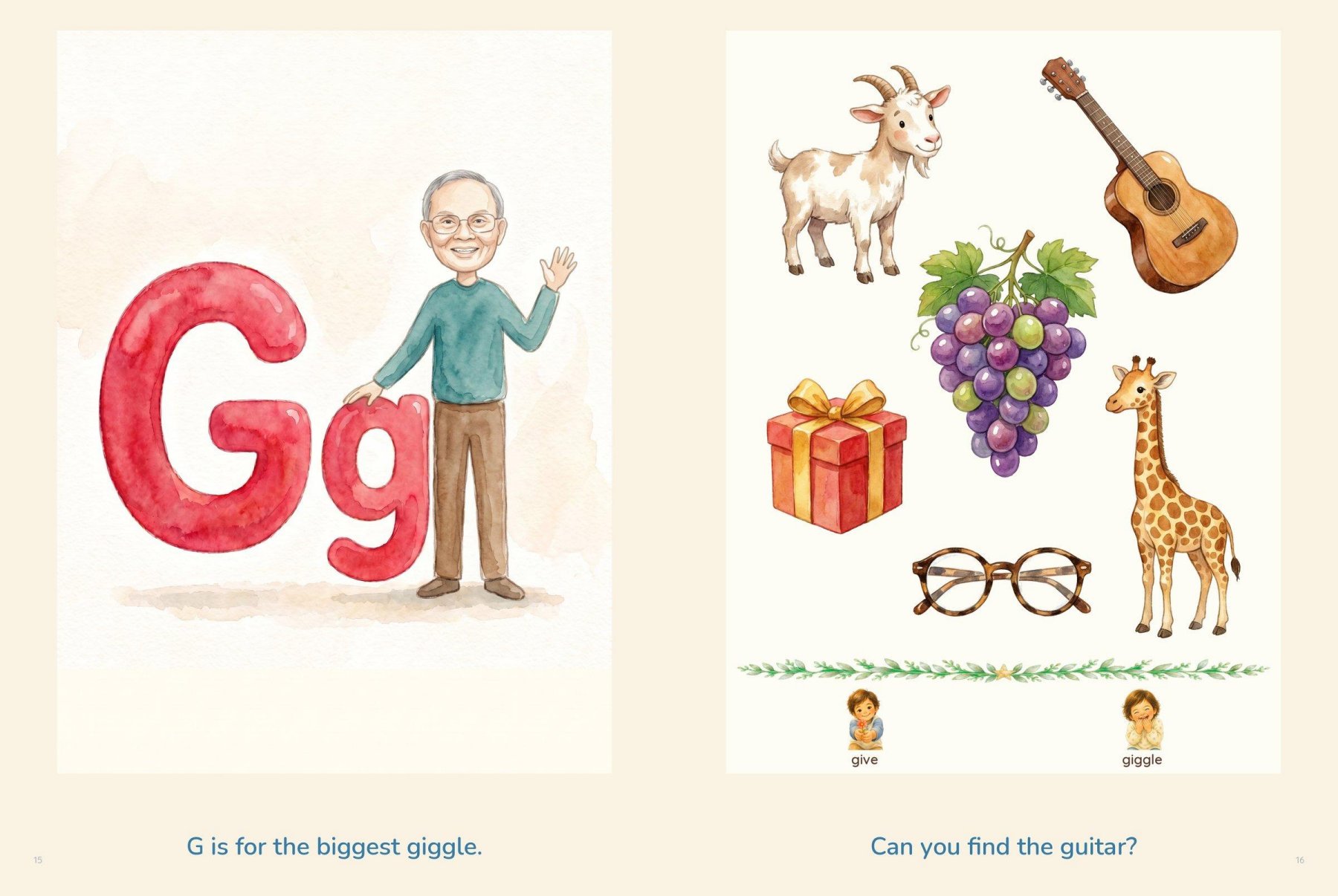 G is for the biggest giggle, facing goat, grapes, giraffe, gift and glasses