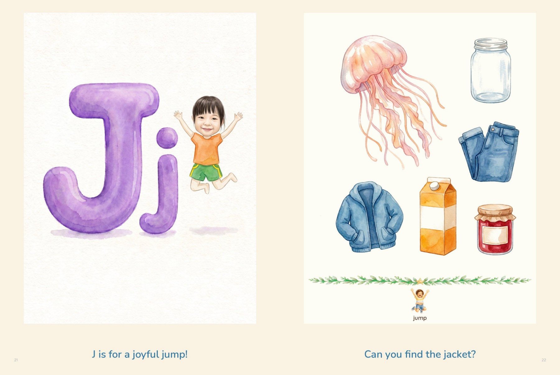 J is for a joyful jump, facing jellyfish, jar, juice, jam and jacket