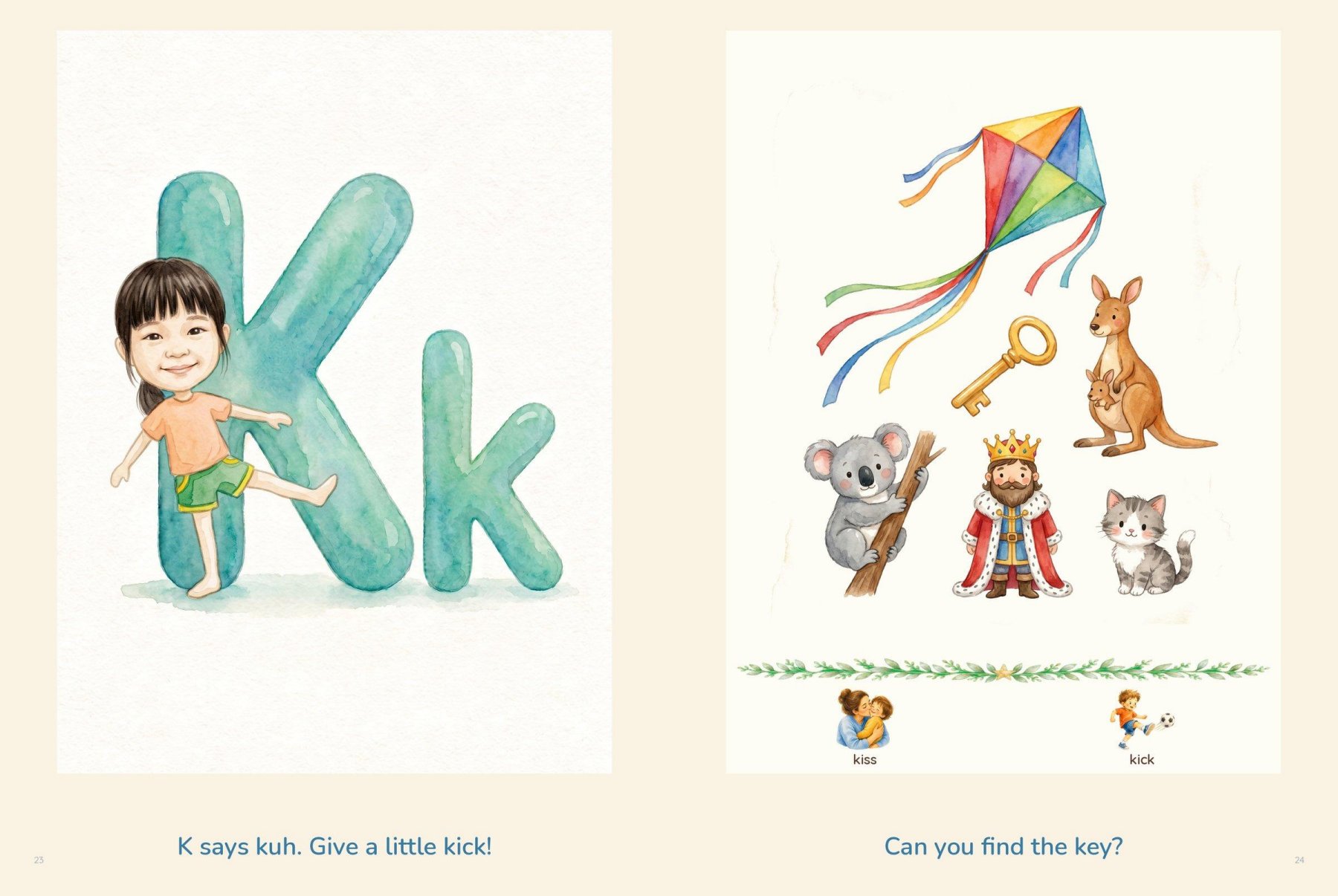 K says kuh — give a little kick, facing kite, koala, kangaroo, king and kitten