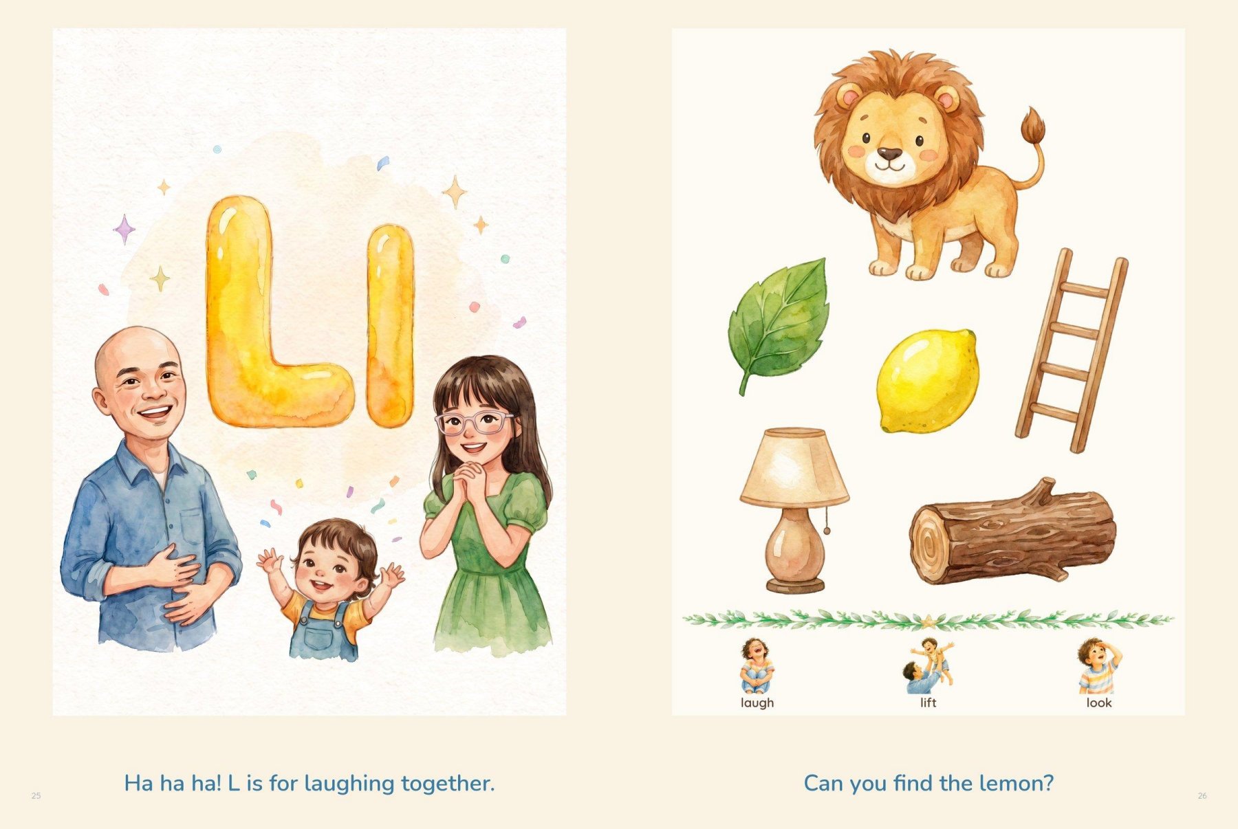 L is for laughing together, facing leaf, lemon, ladder, lamp and log
