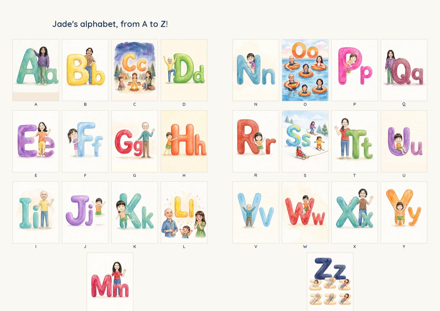 The full A-to-Z recap: all twenty-six letters, each starring a family member