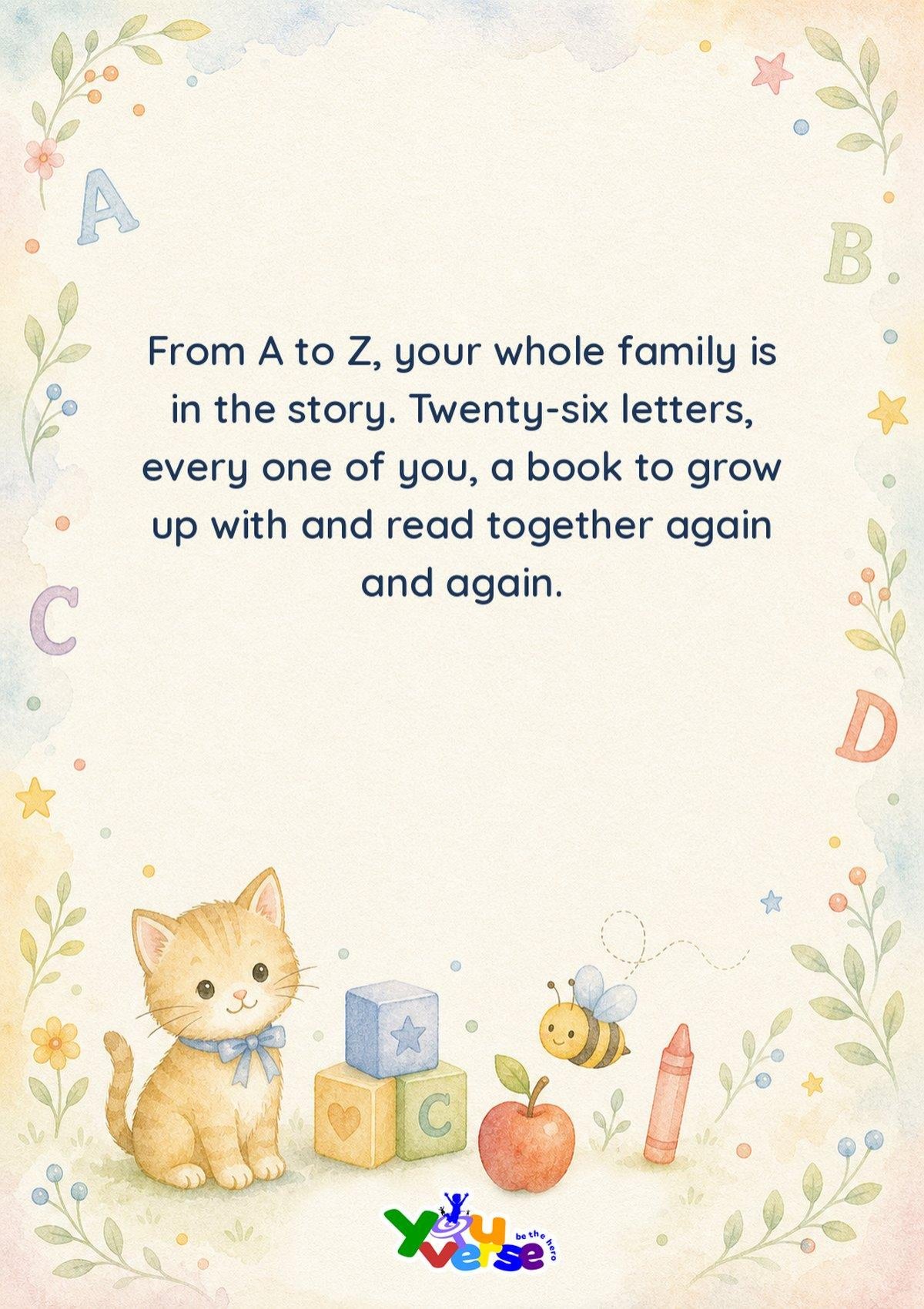 Back cover: from A to Z, your whole family is in the story