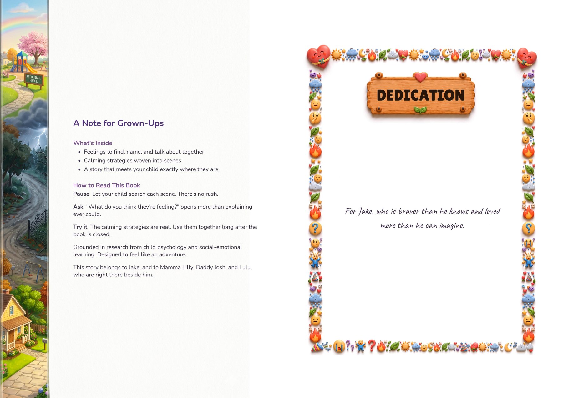 A note for grown-ups on how to read the book, facing the personalized dedication