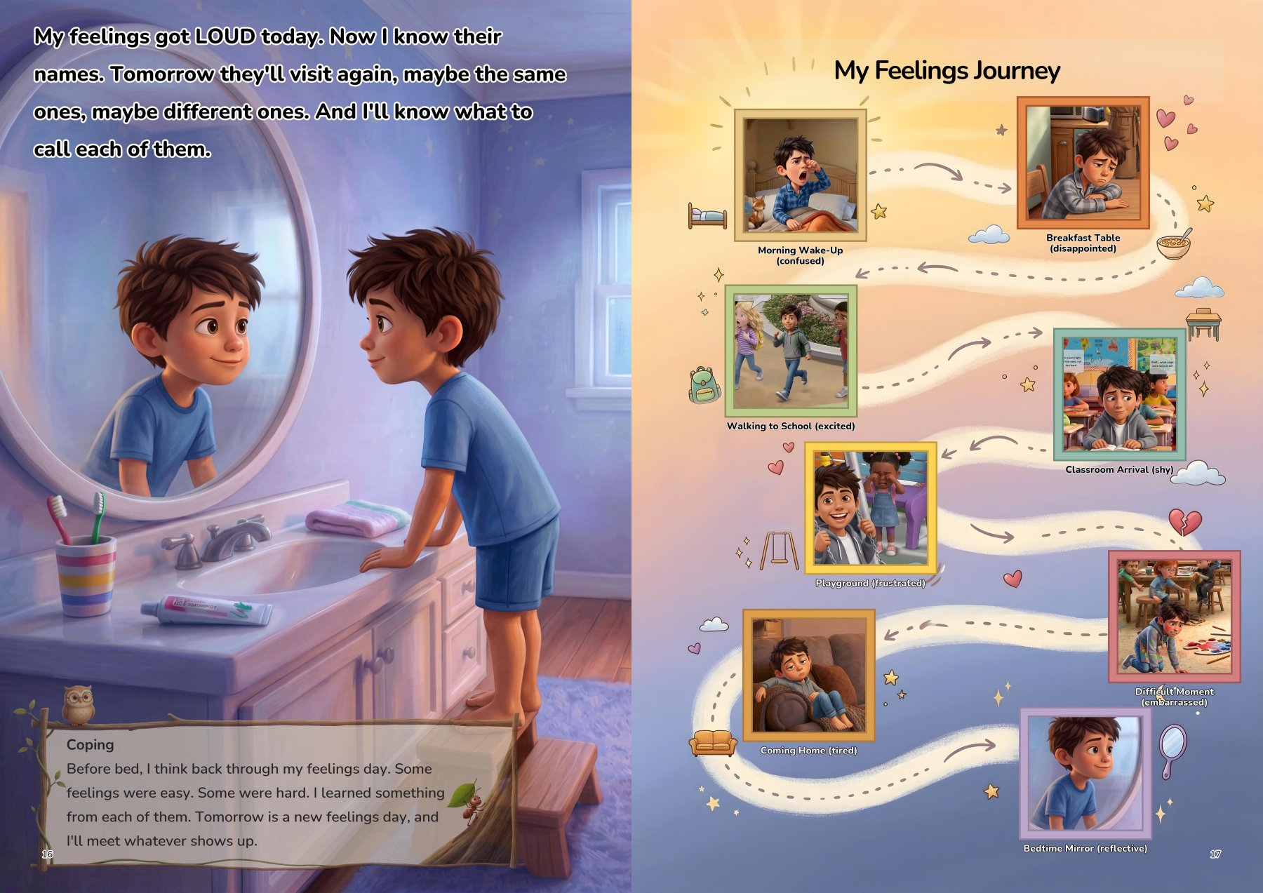 Bedtime at the mirror, facing the My Feelings Journey recap of the whole day