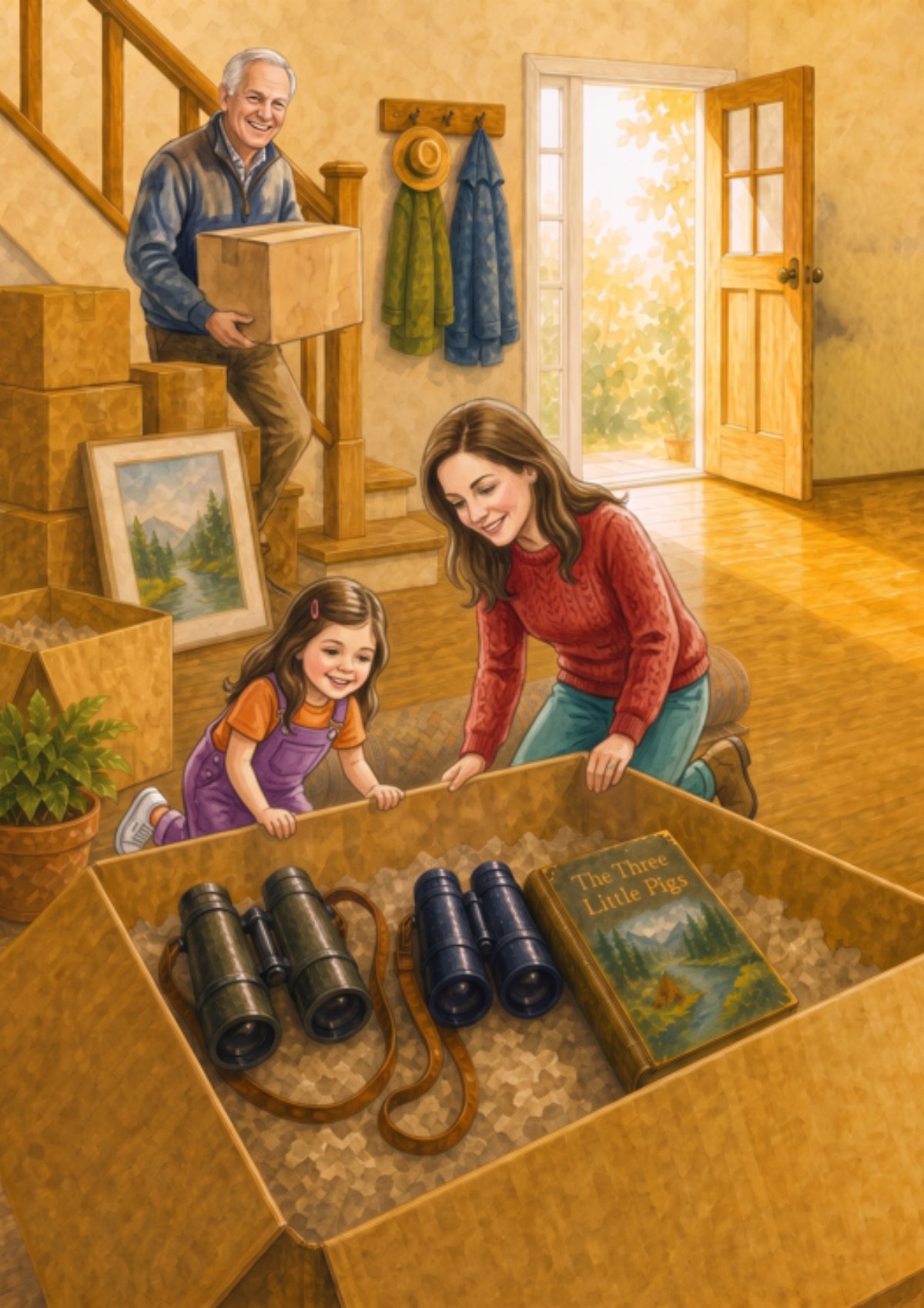 Moving day: the family unpacks, and finds two pairs of binoculars and an old book