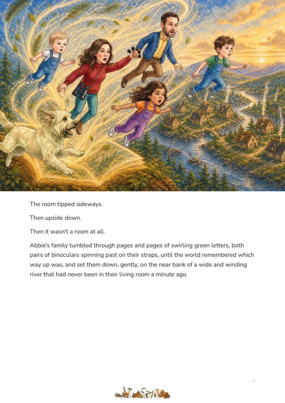 The family tumbles through pages of swirling letters into the story