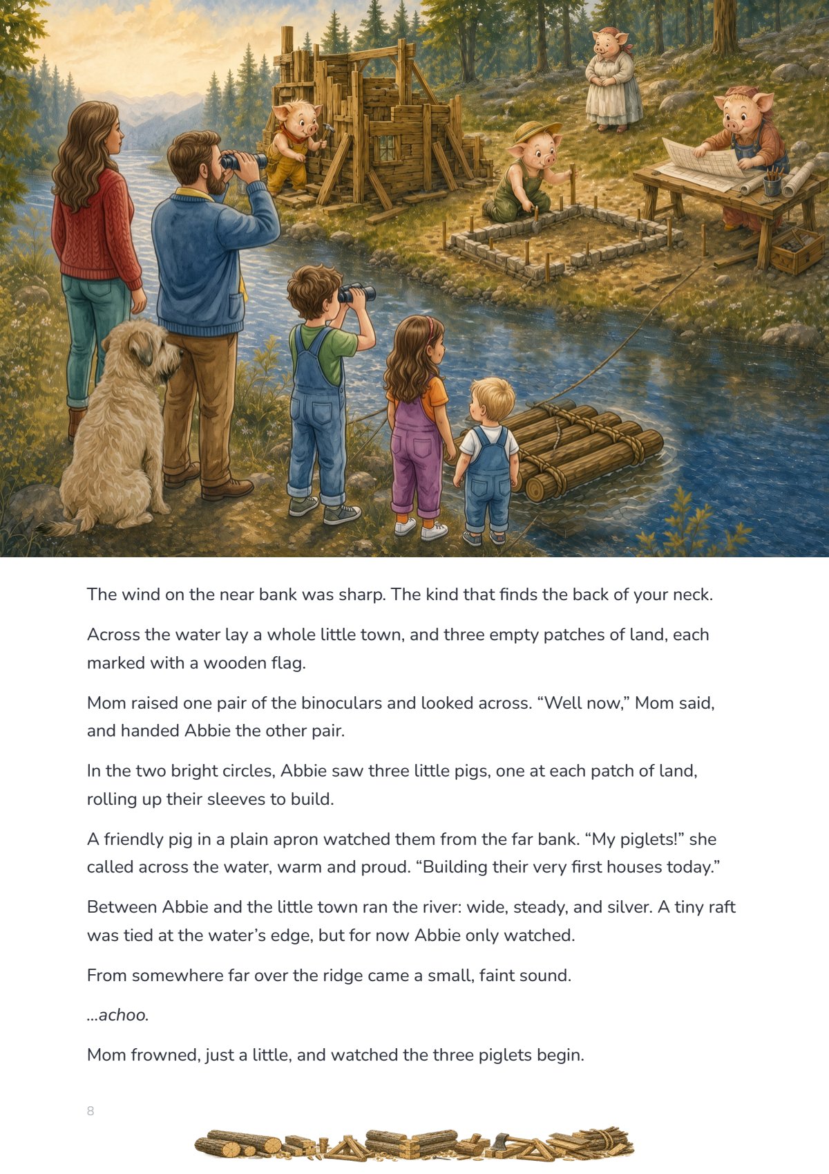 On the riverbank, watching the three little pigs start to build across the water