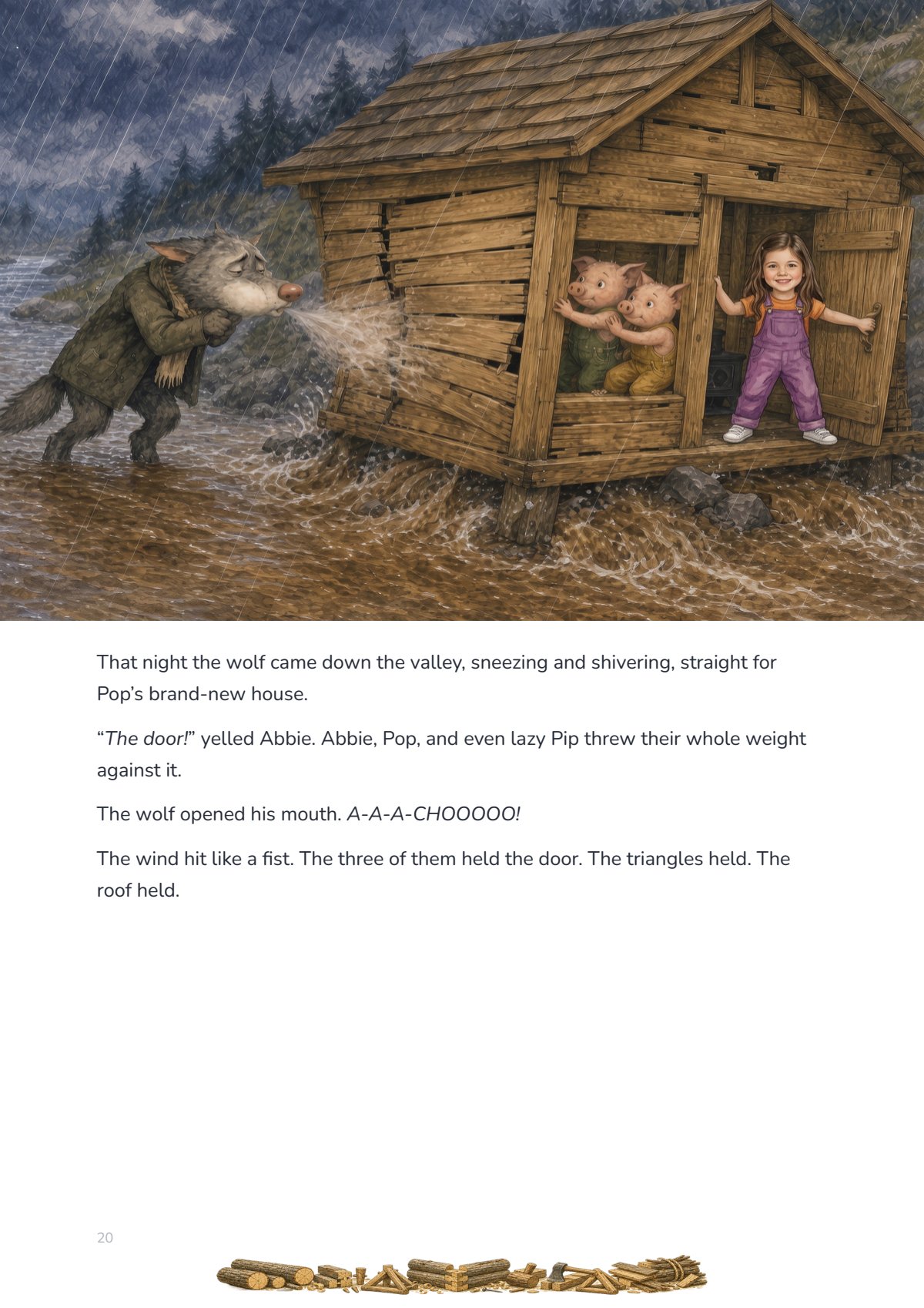 The wolf comes down the valley in the storm and reaches the wooden house