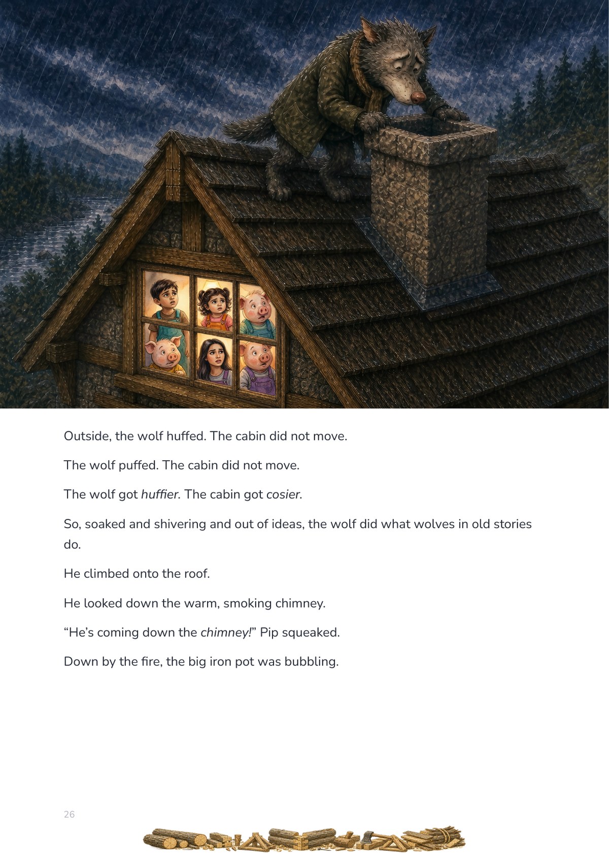 The wolf climbs onto the chimney